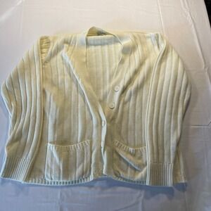 VTG Sears Womens Cream Ribbed Knit Cardigan Sweater Size L Button Front Pockets